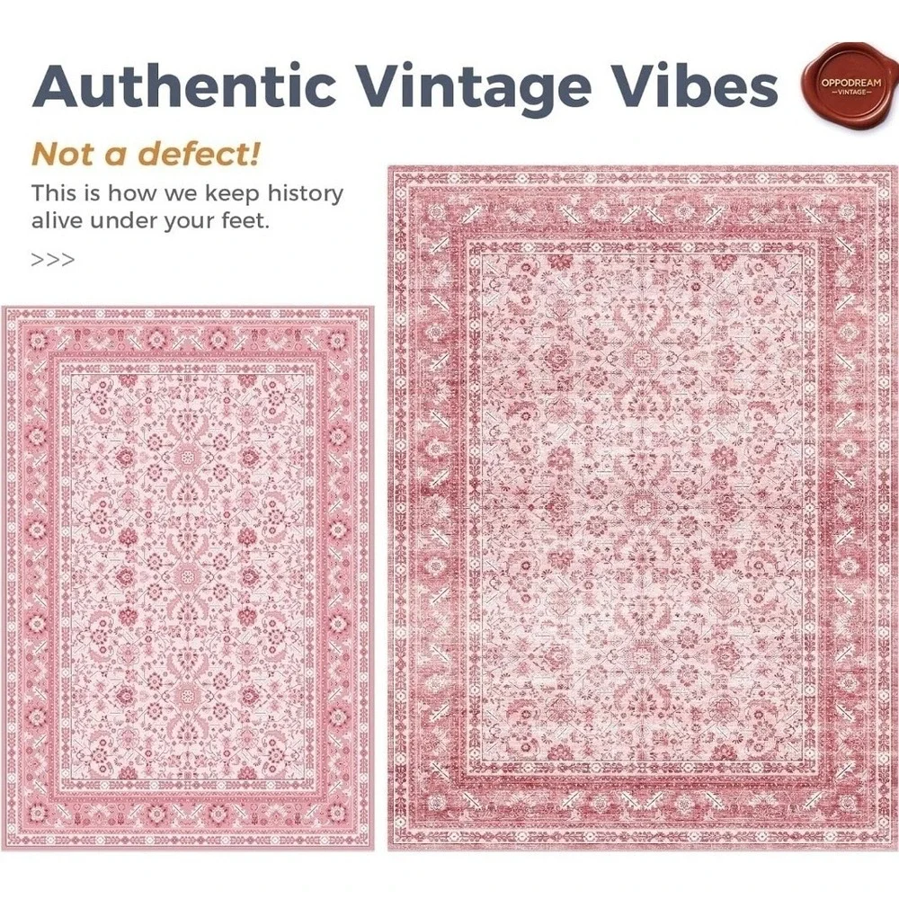 OPPODREAM Vintage Style Pink 3x6 Runner Rug, 3 x 6 Retro Washable Rug Non Slip